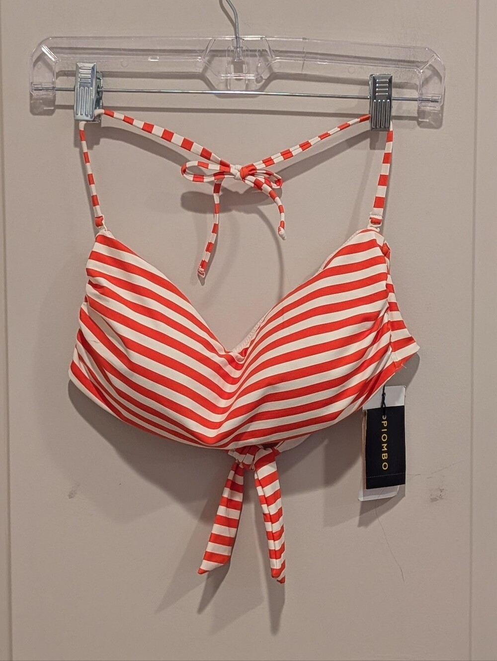 Piombo Coral Red and White Striped Tie-Front Bikini Top